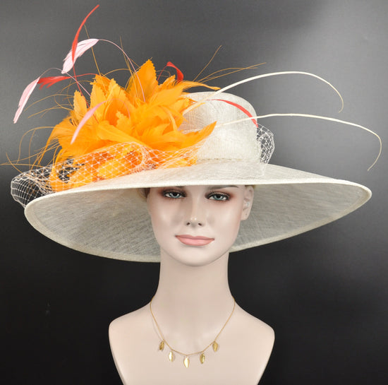 Wide Brim Sinamay Derby Hat: Feather Flower Quills
