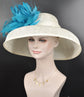Wide Brim Sinamay Derby Hat: Ivory & Process Blue Feather Dome