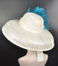 Wide Brim Sinamay Derby Hat: Ivory & Process Blue Feather Dome