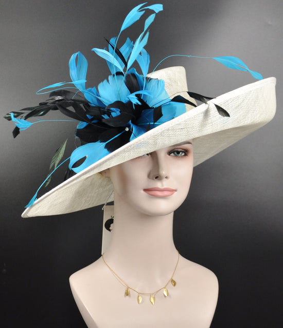 Wide Brim Sinamay Derby Hat: Ivory, Teal & Black Feather Accent