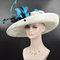Wide Brim Sinamay Derby Hat: Ivory, Teal & Black Feather Accent