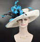 Wide Brim Sinamay Derby Hat: Ivory, Teal & Black Feather Accent