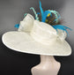 Ivory, Teal, Yellow Feather Wide Brim Sinamay Derby Hat, Feather & Bow Statement Hat, Ascot Fascinator for Wedding, Church, Tea Party