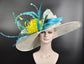 Wide Brim Sinamay Derby Hat: Ivory, Teal, Feather Ascot Hat