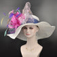 White Hot Pink Feather Flower Wide Brim Sinamay Derby Hat, Feather & Bow Statement Hat, Ascot Fascinator for Wedding, Church, Tea Party
