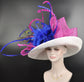 Wide Brim Sinamay Derby Hat: White, Fuchsia, Royal Blue