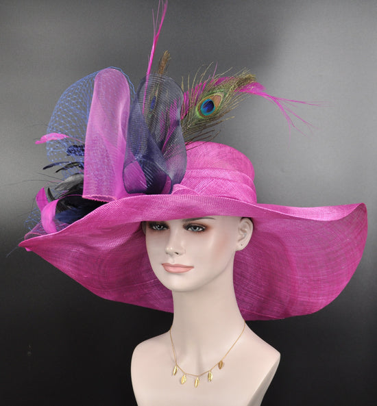 Hot Pink Sinamay Derby Hat: Peacock Feather Flowers