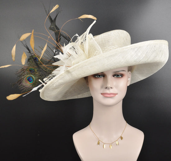 Ivory Sinamay Derby Hat: Wide Brim with Peacock Feathers