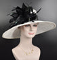 White Sinamay Kentucky Derby Hat: Black Feather Flower, Wide Brim