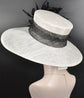 White Sinamay Kentucky Derby Hat: Black Feather Flower, Wide Brim