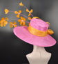 Sinamay Kentucky Derby Hat: Hot Pink Wide Brim with Orange Flowers
