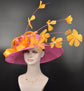 Sinamay Kentucky Derby Hat: Hot Pink Wide Brim with Orange Flowers
