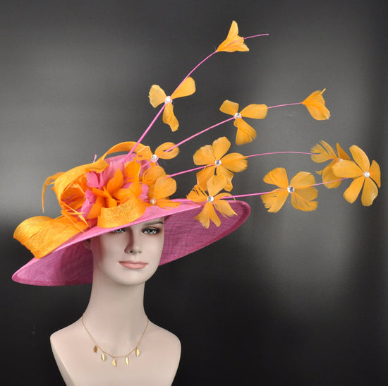 Sinamay Kentucky Derby Hat: Hot Pink Wide Brim with Orange Flowers