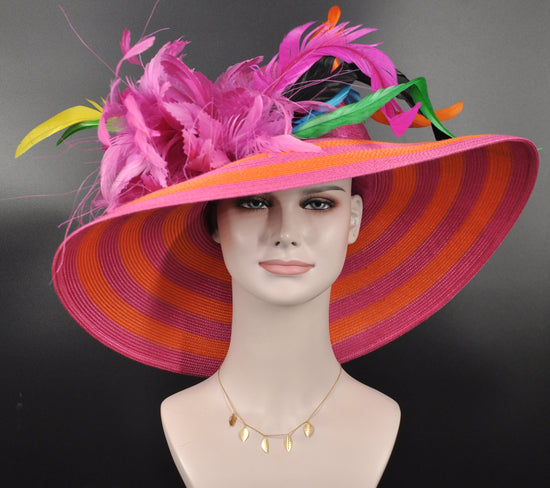 Orange & Hot Pink Derby Hat: Feather Flower Wide Brim Sinamay Hat