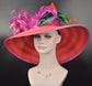 Orange & Hot Pink Kentucky Derby Hat: Feather Flower Wide Brim Sinamay Hat