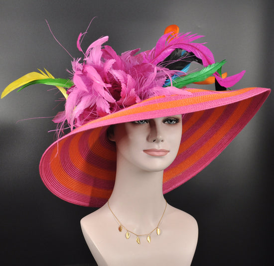 Orange & Hot Pink Kentucky Derby Hat: Feather Flower Wide Brim Sinamay Hat