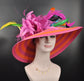 Orange & Hot Pink Kentucky Derby Hat: Feather Flower Wide Brim Sinamay Hat