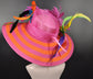 Orange & Hot Pink Kentucky Derby Hat: Feather Flower Wide Brim Sinamay Hat