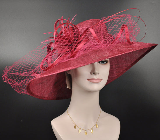 Burgundy Sinamay Wide Brim Hat: Kentucky Derby, Royal Ascot