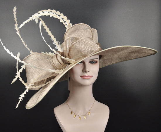 Taupe Kentucky Derby Hat: Wide Brim Sinamay Feather Ascot Hat