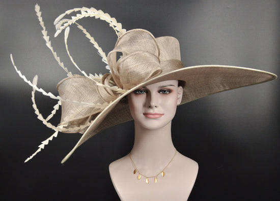 Taupe Derby Hat: Wide Brim Sinamay Feather Ascot Hat