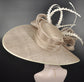 Taupe Kentucky Derby Hat: Wide Brim Sinamay Feather Ascot Hat