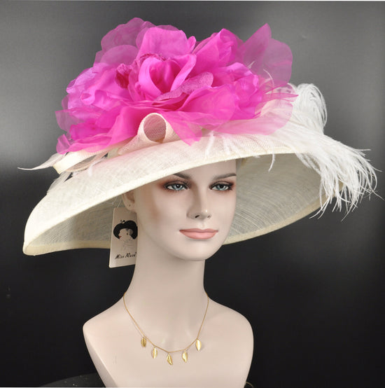 Wide Brim Sinamay Derby Hat: Ivory, Fuchsia Silk Flower