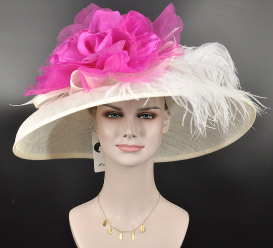 Wide Brim Sinamay Derby Hat: Ivory, Fuchsia Silk Flower
