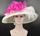 Wide Brim Sinamay Derby Hat: Ivory, Fuchsia Silk Flower