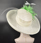 Ivory( Off white) Wide Brim Sinamay Hat w Apple Green Flower  Kentucky Derby Hat Tea Party Carriage Party  3 Layers