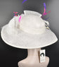 Wide Brim Sinamay Derby Hat: White, Purple, & Pink Feather Flower