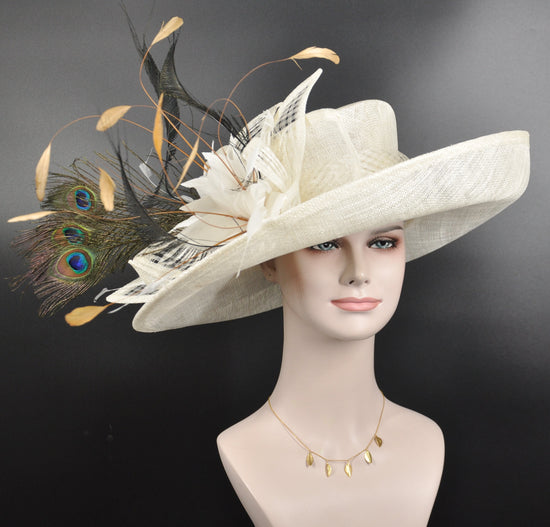 Ivory Sinamay Kentucky Derby Hat: Wide Brim with Gold & Peacock Feathers