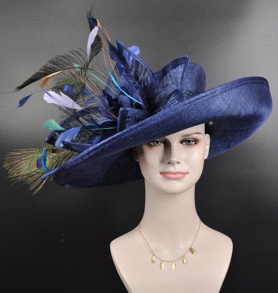 Navy Blue Sinamay Derby Hat: Peacock Feathers, Wide Brim