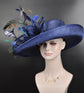 Navy Blue Sinamay Kentucky Derby Hat: Peacock Feathers, Wide Brim