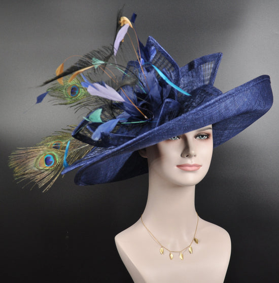 Navy Blue Sinamay Kentucky Derby Hat: Peacock Feathers, Wide Brim
