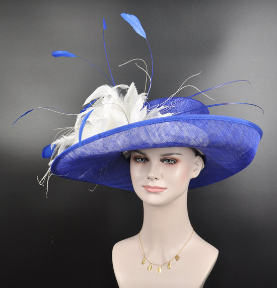Royal Blue Sinamay Derby Hat, White Feather Flowers, Ascot Fascinator