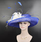 Royal Blue with White Feather Flowers  Kentucky Derby Hat ,Tea Party Carriage Party  Royal Ascot Wide Brim  Sinamay Hat Upturned Brim