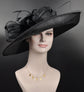 Black Sinamay Derby Hat: Wide Brim Feather Ascot Hat