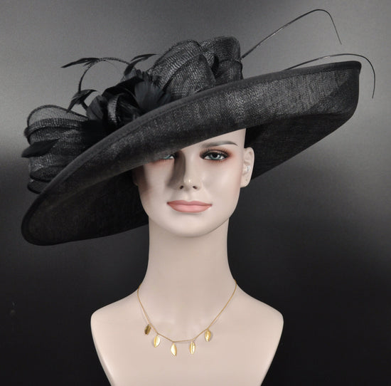 Black Sinamay Derby Hat: Wide Brim Feather Ascot Hat