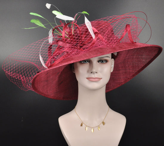 Burgundy Sinamay Wide Brim Hat: DerbyFeather Flower
