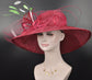 Burgundy Sinamay Wide Brim Hat: Kentucky Derby Feather Flower