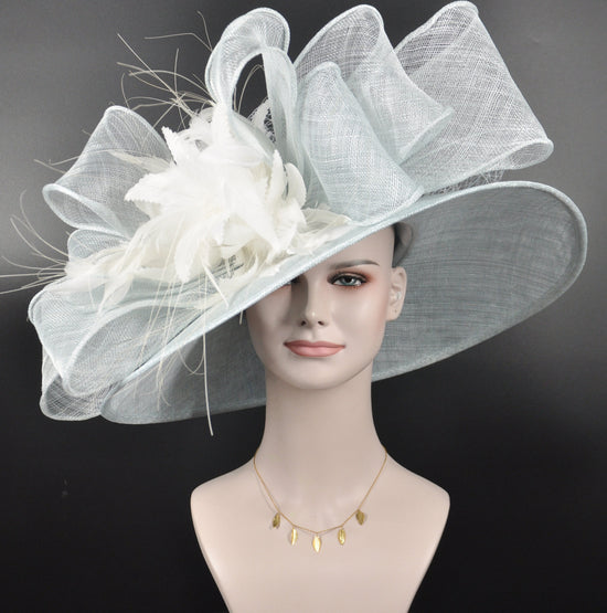 Powder Blue Sinamay Derby Hat: Wide Brim, Bows, Feather Flower