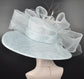 Powder Blue Sinamay Derby Hat: Wide Brim, Bows, Feather Flower