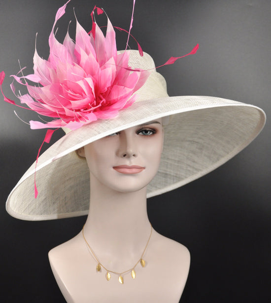 Sinamay Derby Hat: Ivory Wide Brim with Fuchsia Feather Flower