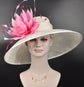 Sinamay Derby Hat: Ivory Wide Brim with Fuchsia Feather Flower
