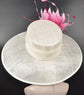 Sinamay Derby Hat: Ivory Wide Brim with Fuchsia Feather Flower