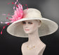 Sinamay Derby Hat: Ivory Wide Brim with Fuchsia Feather Flower