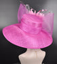 Wide Brim Sinamay Derby Hat: Pink Feather Flower Tea Party Hat