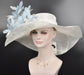 White w Powder Blue Feather Flower Kentucky Derby Hat, Church Hat, Wedding Hat, Easter Hat,  Wide Brim  Sinamay  Hat