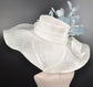 White w Powder Blue Feather Flower Kentucky Derby Hat, Church Hat, Wedding Hat, Easter Hat,  Wide Brim  Sinamay  Hat